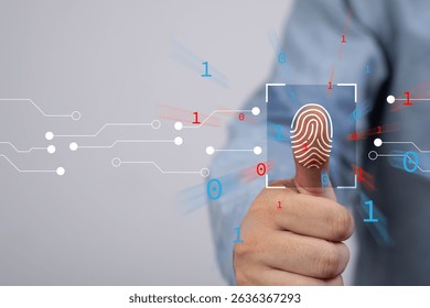 A digital representation of a thumbprint surrounded by binary code, symbolizing biometric authentication and technology. - Powered by Shutterstock - Get 15% off with code: PIKWIZARD15