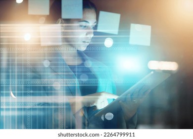 Digital, research and woman with a tablet for business, software network and online data. Futuristic, cyber and employee reading analytics on information technology, metaverse system and internet - Powered by Shutterstock