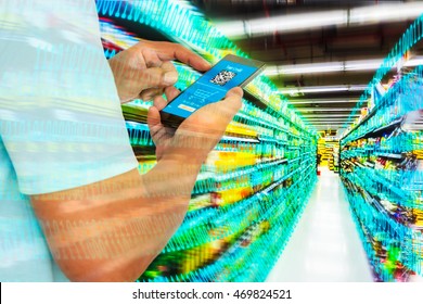 Digital Revolution In Retail Market Concept. Double Exposure Of Business Man Using Smart Phone With Shopping Application On Screen And Abstract Digital Binary Code With Supermarket Aisle,motion Blur.