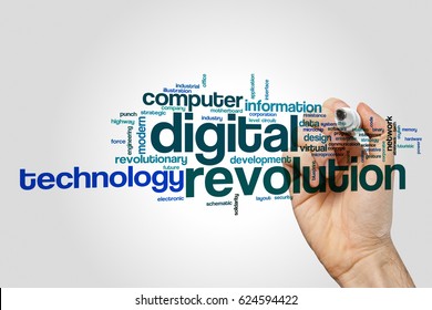 Digital Revolution Word Cloud Concept On Grey Background.