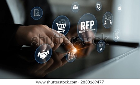 Digital RFP Request for Proposal Concept with Iconography and Businessman Engaging with Modern Technologies in a Professional Environment