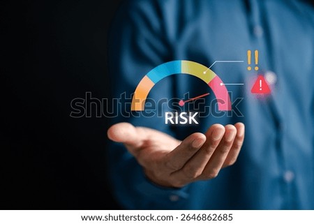 Digital risk level meter with warning indicators and colorful gauge. Representing risk assessment, control system, financial alerts, business strategy, and corporate crisis management.