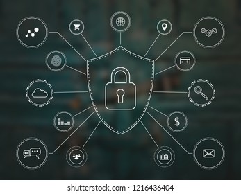 Digital safety concept. Cyber security, data protection, network security, data safety concept. Digital protection bacground. A shield with padlock connected technology icons. Line art technology.