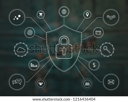 Digital safety concept. Cyber security, data protection, network security, data safety concept. Digital protection bacground. A shield with padlock connected technology icons. Line art technology.