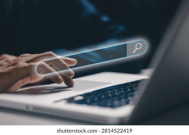 Digital search bar interface floating above a laptop, representing online search, web browsing, information discovery, internet technology, search engine optimization, and modern digital research.