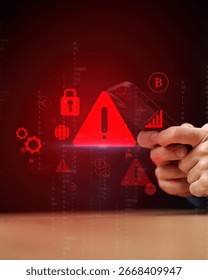 Digital security alert displayed on smartphone amidst cybersecurity symbols and icons in a dark setting