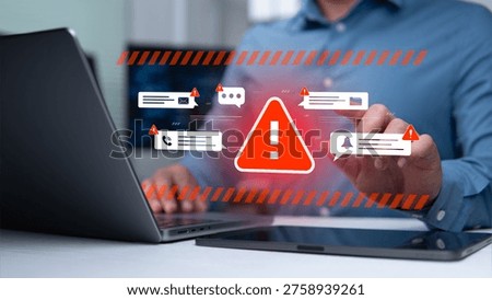 Digital security alerts on laptops display warning signs indicating email scams, malware, and phishing threats, ensuring technological security and preventing online attacks.