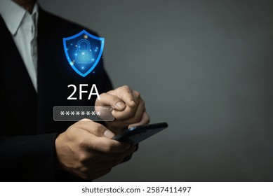 Digital security concept with 2FA authentication, mobile verification, cyber defense, encrypted access, online fraud prevention, and data breach protection for businesses and individuals.