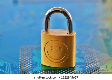 Digital security concept: Closed lock on a computer chip