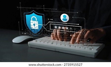 Digital security concept with hands typing password on keyboard, padlock symbol, user account graphic, and data protection theme in modern workspace Gluon.