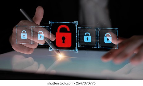 Digital security concept illustrating a cybersecurity breach, with a red unlocked padlock indicating data exposure among secure systems, emphasizing system vulnerability and risk Latch