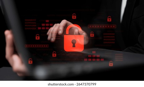 Digital security concept illustrating a cybersecurity breach, with a red unlocked padlock indicating data exposure among secure systems, emphasizing system vulnerability and risk Latch
