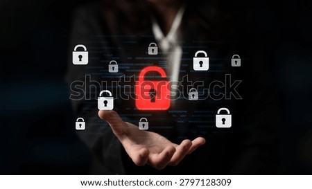 Digital security concept illustrating a cybersecurity breach, with a red unlocked padlock indicating data exposure among secure systems, emphasizing system vulnerability and risk Latch