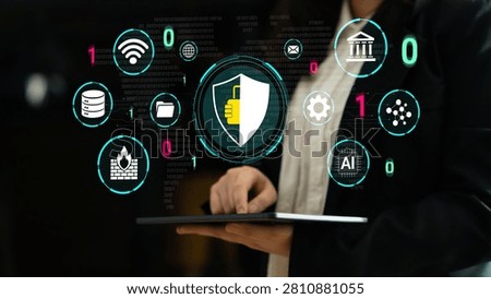 Digital Security Concept with Shield Symbol and Iconography Representing Data Protection, Cybersecurity, and Technology on a Modern Device