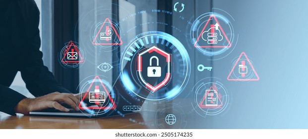 Digital security concept with various icons on a blue screen background, highlighting threats and data protection. Technology, risk assessment - Powered by Shutterstock - Get 15% off with code: PIKWIZARD15