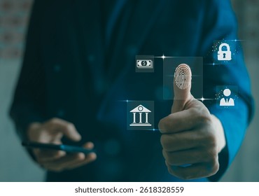 Digital Security, fingerprint authentication and financial icons over smartphone, business setting, blue hues.