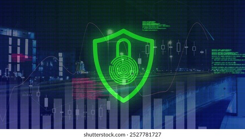 Digital security graphics overlaying cityscape at night, symbolizing data protection. Neon lines and graphs highlight cybersecurity measures in urban settings