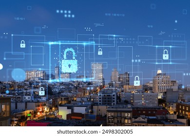 Digital security icons floating over a cityscape at twilight, symbolizing cybersecurity. The concept of protecting urban infrastructures