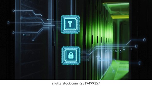 Digital security icons image over data center servers with green lighting. Cybersecurity, technology, protection, network, infrastructure, information - Powered by Shutterstock