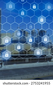 Digital security interface displays padlocks over city skyline during daytime