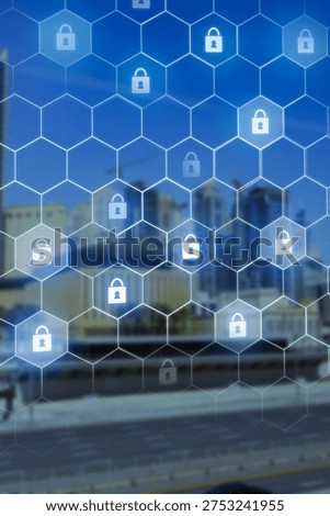 Digital security interface displays padlocks over city skyline during daytime