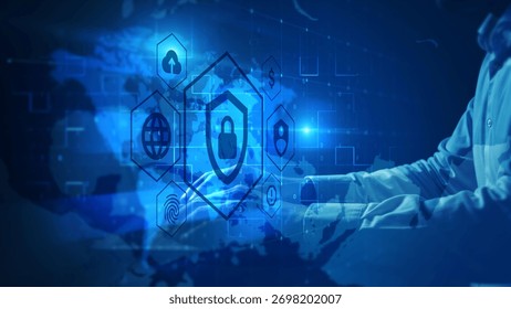 Digital Security Shield Concept with Global Network and Technology Icons