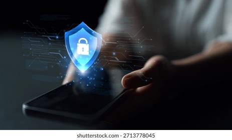 Digital security shield providing network protection and data privacy. This represents a firewall or antivirus system safeguarding against cyber threats, ensuring total safety. Parse