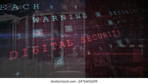 Digital security warning text is displayed on screen with a dark, futuristic background. The scene includes various numbers and letters, emphasizing importance of cybersecurity
