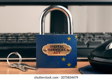 Digital Services Act (DSA) Concept: Lock With European Union Flag Near To A Computer.