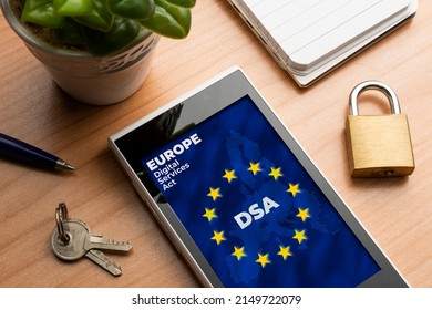 Digital Services Act (DSA) concept. Smartphone with the european map and flag with the text: DSA Digital Services Act - Shutterstock ID 2149722079