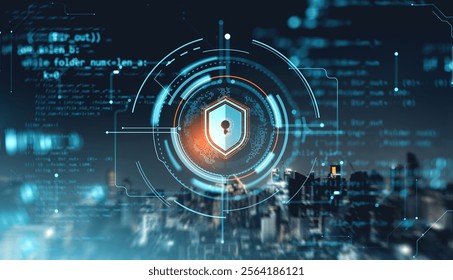 A digital shield with a keyhole symbol surrounded by data and code, placed over a cityscape background. Concept of cybersecurity and protection