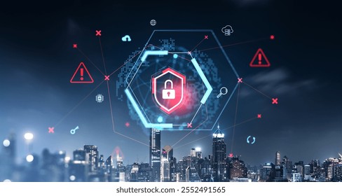 Digital shield with padlock hologram over cityscape backdrop at night, emphasizing online security and data protection in Bangkok, Thailand
