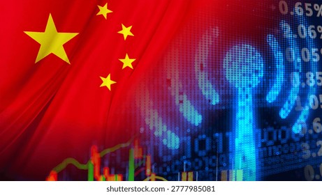 A digital signal tower icon and binary code are superimposed over the Chinese national flag and volatile financial market charts. It illustrates the fundamental role of telecommunications and signal broadcasting in global economic connectivity and state power. This imagery signals a high-stakes digital landscape, highlighting risks such as signal jamming, information surveillance, and the vulnerability of international trade and financial stability to geopolitical friction and technological disruptions. - Powered by Shutterstock - Get 15% off with code: PIKWIZARD15