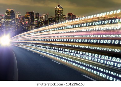 Digital signals flying over highway. Digital transformation. Internet of Things.