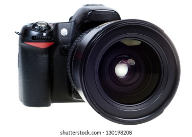 Digital Single Lens Reflex Camera With Zoom Lense Isolated On White Background