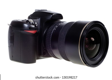 Digital Single Lens Reflex Camera With Zoom Lense Isolated On White Background