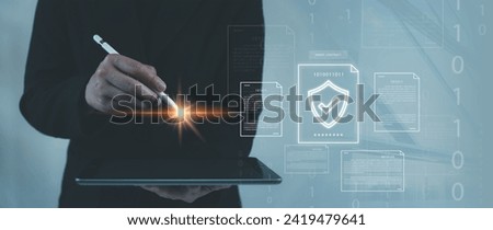 Digital smart contract for blockchain concept, businessman using pen signature virtual contract, ensuring security and authenticity in global business dealings, online e-contract document.
