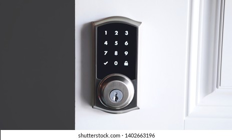 Digital Smart Door Lock Security System With The Password, Close Up On Numbers On The Screen.