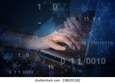 Digital software development, blockchain technology concept. Software developer, man coding programmer working on laptop computer with binary, computer code, chain digram and technology background