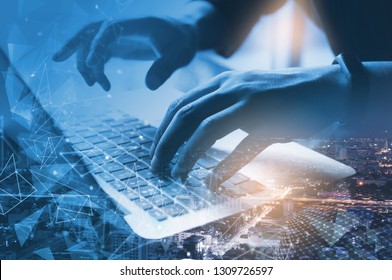 Digital software development, business and technology concept. Double exposure coding programmer, software developer  input data on laptop computer and the city, internet network communication.