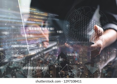 Digital software development concept. Double exposure of programmer, software developer coding mobile app on phone, laptop and city with computer code, binary, big data, modern technology interface - Powered by Shutterstock - Get 15% off with code: PIKWIZARD15
