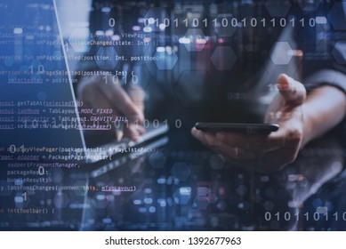 Digital software development, Internet technology concept. Software apps developer, man programmer working on mobile phone and laptop with binary, javascript computer code, big data on virtual screen