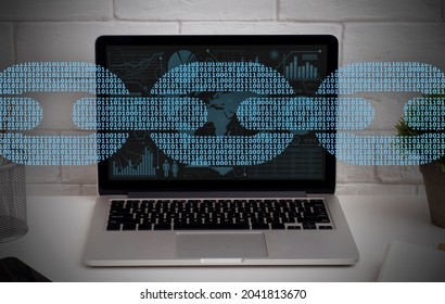 Digital software development, internet technology. Software, app, blockchain, programming on laptop with binary, computer code, security of data on virtual screen, double exposure with chains, collage
