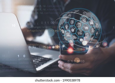 Digital software development, IoT, Internet of Things, mobile apps design, Global network technology concept. Coding programmer working on laptop computer and mobile phone with icons and computer code