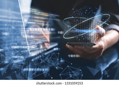 Digital software development, Mobile app design concept. Programmer, software developer coding mobile app on smart phone, laptop with computer code, binary, big data, network technology interface - Powered by Shutterstock - Get 15% off with code: PIKWIZARD15