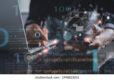 Digital software technology, AI artificial intelligence, IoT Internet of Things. Software engineer, computer programmer using digital tablet, mobile phone, laptop with technology icons, global network