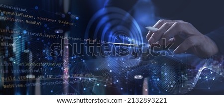 Digital software technology development, agile methodology concept. Computer programmer, software developer coding javascript on computer with internet network connection, futuristic background
