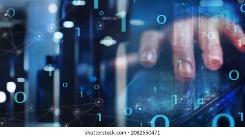 Digital software technology development, big data concept, Man programmer, software engineer using digital tablet and laptop with blue futuristic technology digital abstract background, binary code