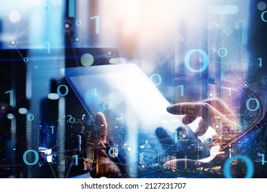 Digital Software Technology Development, Big Data Concept, Man Programmer, Software Engineer Using Digital Tablet And Laptop With Futuristic Technology Digital Abstract Background, Binary Code