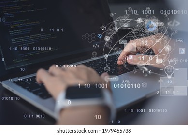 Digital software technology development concept, AI artificial intelligence, IoT Internet of Things. Computer programmer coding on laptop computer, technology icons, global network and computer code - Powered by Shutterstock - Get 15% off with code: PIKWIZARD15